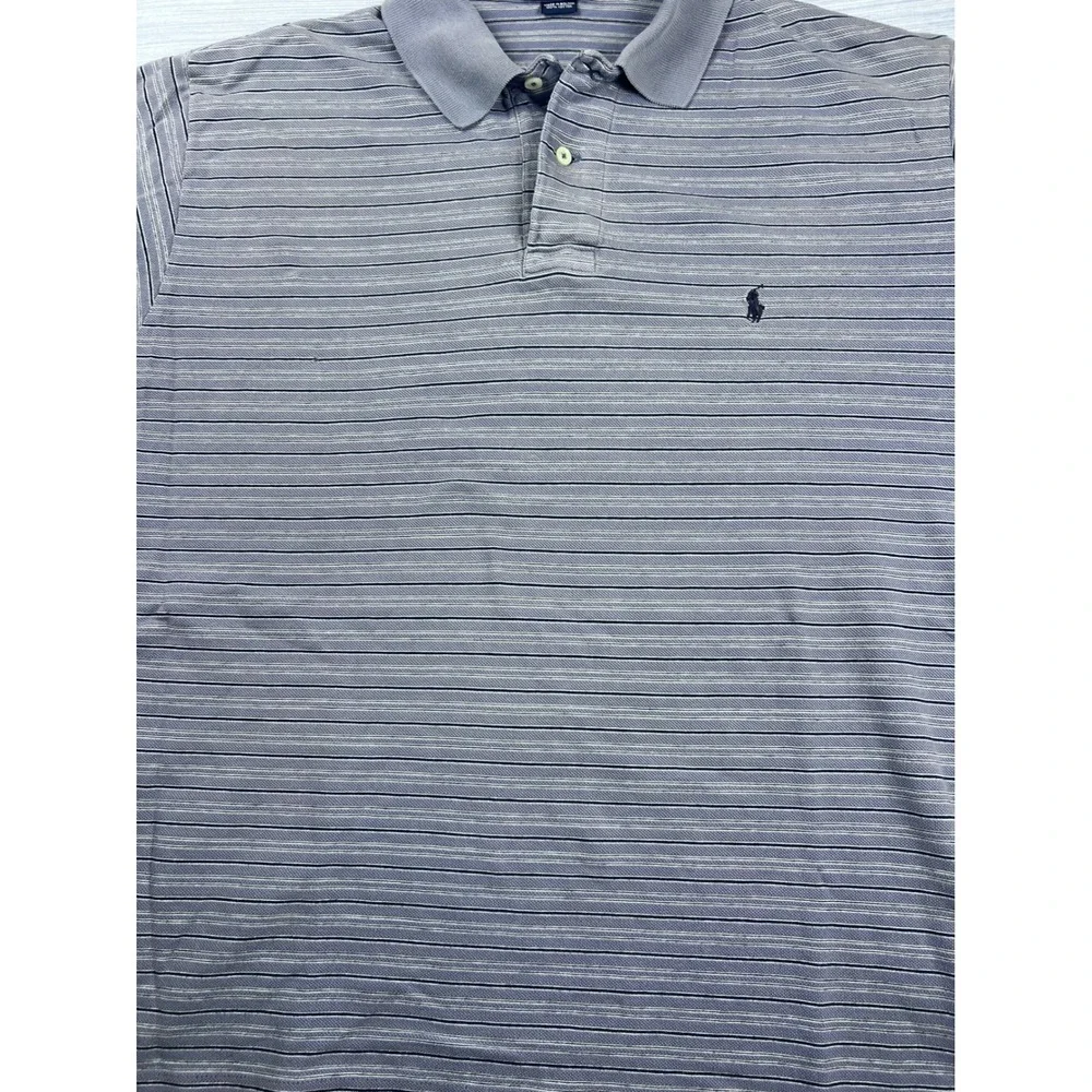 Polo Ralph Lauren Mens Large Blue‎ Grey Striped Short Sleeve Pique Polo Shirt
